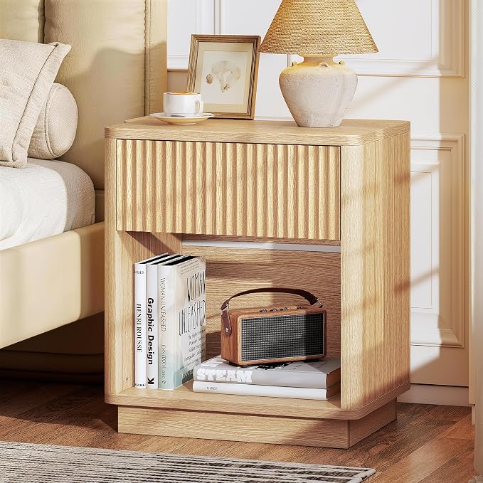 Baoz Oak Fluted Nightstand with Charging Station & 1 Drawers for Bedroom | 19" Wide Mid Century Modern Bedside Table Natural Wood Curved Profile Design Night Stand Metal Handle