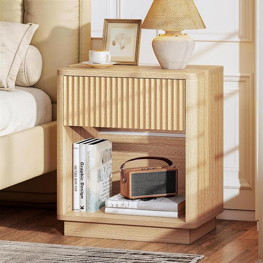 Baoz Oak Fluted Nightstand with Charging Station & 1 Drawers for Bedroom | 19" Wide Mid Century Modern Bedside Table Natural Wood Curved Profile Design Night Stand Metal Handle