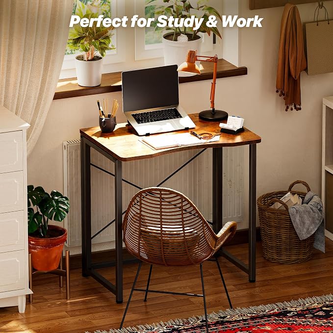 Huuger Folding Desk for Small Spaces, 23.6 Inch Foldable Computer Table, for Home Office, Study, Bedroom, Dorm, Space Saving, Small Writing Work Office Computer Desk, Easy to Fold, Rustic Brown