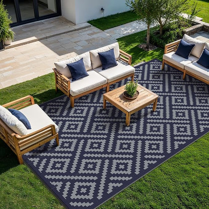 GENIMO Outdoor Rug for Patio Clearance, 10'x14' Waterproof Camping Mat, Reversible Plastic Straw Rugs for RV, Camper, Balcony, Backyard, Picnic, Deck (Blue & Grey)