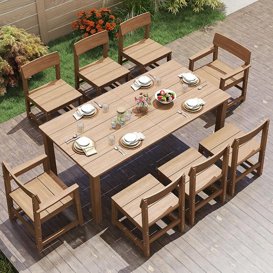 Jocoevol 9 Piece Patio Dining Set for 8 HIPS Outdoor Table and Chairs All-Weather Patio Furniture Set with Umbrella Hole for Backyard Poolside Garden, Wooden Color