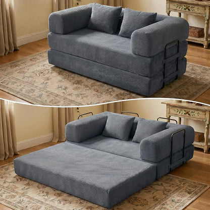 ZEIINPA 59“ Convertible Floor Sofa Bed, 5-in-1 Futon Sofa Bed Pull Out Sleeper Couch, Modern Corduroy Compressed Loveseat, Modular Boneless Couches for Living Room, No Assembly Required, Gray