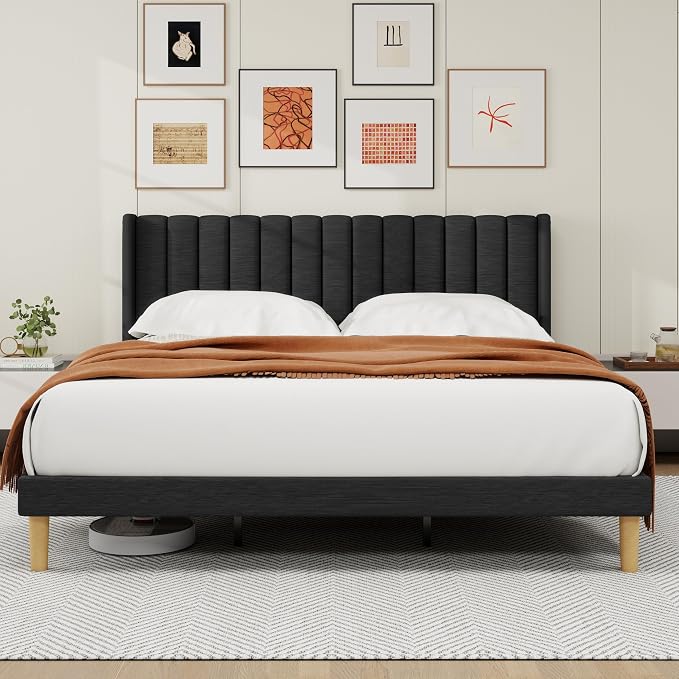 alazyhome Platform Bed Frame King Size with Upholstered Headboard, Solid Wood Slats Support, No Box Spring Needed, Noise Free, Easy Assembly, Modern Fabric Bed, Black