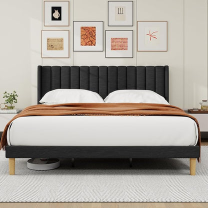 alazyhome Platform Bed Frame King Size with Upholstered Headboard, Solid Wood Slats Support, No Box Spring Needed, Noise Free, Easy Assembly, Modern Fabric Bed, Black