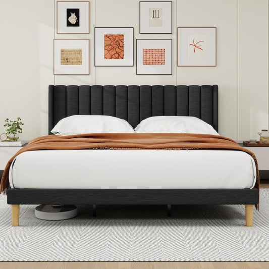 alazyhome Platform Bed Frame King Size with Upholstered Headboard, Solid Wood Slats Support, No Box Spring Needed, Noise Free, Easy Assembly, Modern Fabric Bed, Black
