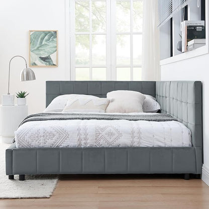 Bellemave Full Size Corner Bed Frame with Comfortable Backrest and Armrests, Velvet Tufted Corner Bed Frame Full Size, Upholstered Daybed for Bedroom, Living Room, Guest Room, Gary