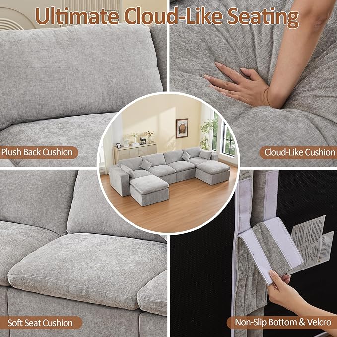 146''Cloud Boneless Sectional Couch, Modular Sectional Sofa Deep Seat with 2 Ottomans, Oversized Upholstered Convertible Comfy 6 Seater Chenille Sofa U Shape Couches for Living Room, Light Grey