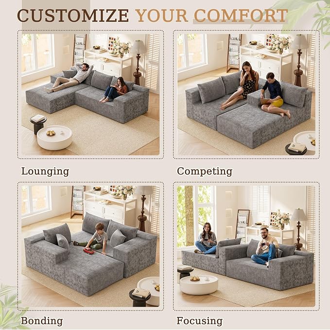 YESHOMY Boneless Couches for Living Room, 108" Sectional Modular Sectional Sofa with Deep Seat, Cloud Comfy Couch with L-Shape Chaise, Easy Assembly (Chenille, Pearl Gray)