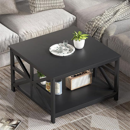 GreenForest Modern Living Room Coffee Table with 2 Tier Storage | X Metal Frame Square Center Table with Seamless One-Piece Tabletop,27.55 inch Sofa Table,Scratch-resistant,Black
