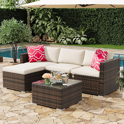 5-Piece Outdoor Sectional Sofa Set, All-Weather PE Rattan Patio Furniture with Ottoman & Tempered Glass Table, Convertible Garden Couch for Backyard, Porch, Poolside (Brown/Beige)