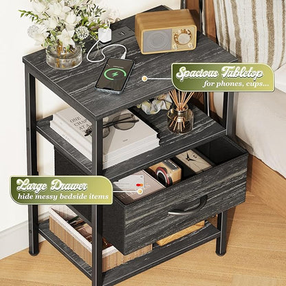 SUPERJARE Nightstand with Charging Station, Bed Side Table with Adjustable Fabric Drawer, Night Stand for Bedroom, 3-Tier Storage End Table, for Living Room, Charcoal Black Wood Grain Print