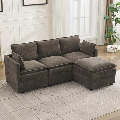 80" Cloud Modular 3 Seater Sofa with Storage Ottoman, Modern Upholstered Storage Sofa Couch Deep Seat, L Shape Sectional Sofa Chenille Comfy Couch with Armrests for Living Room, Small Space, Brown
