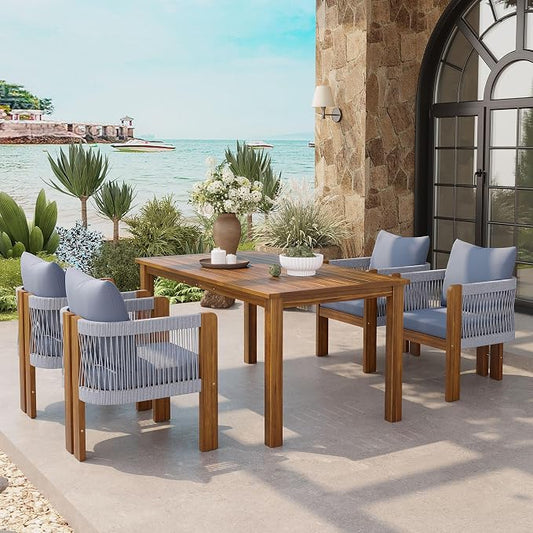 Quarte Luxury 4-Person Outdoor Dining Set: Solid Acacia Wood Table with Rope-Woven Chairs & Comfy Cushions for Patio, Garden, Poolside or Deck (Brown,Gray-R)