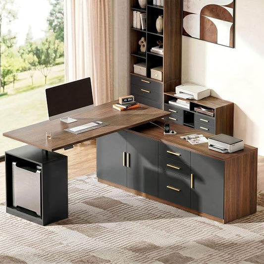 ModernMate L Shaped Electric Standing Desk with Drawers & File Cabinet, 67x60 Corner Executive Workstation, 59" One-Piece Desktop, Height Adjustable with Charging Station for Home Office, Black Walnut