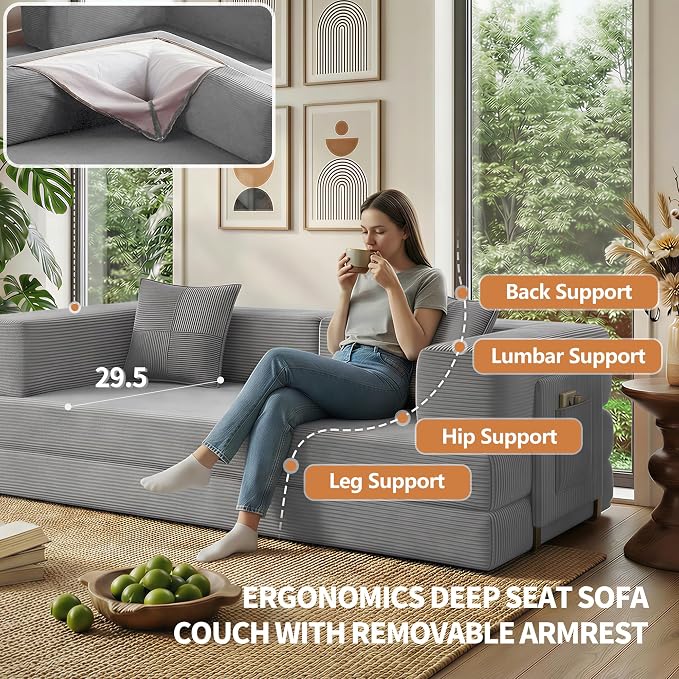 78.8" Convertible Sofa Bed with Armrest Pillow, 4-in-1 Sleeper Couch Bed for Livingroom, Modular Corduroy Boneless couches, No Assembly (Grey)