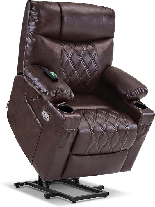 MCombo Small Power Lift Recliner Chair Sofa with Massage and Dual Heating, Adjustable Headrest for Elderly People Petite, USB Ports, Faux Leather 7111 (Dark Brown)
