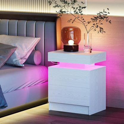 LIKIMIO Nightstand with Charging Station LED Light and 2 Drawers White | bedside table; end table; charging station; LED light; 2 drawers; White wood grain; small spaces