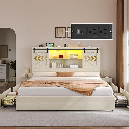 YITAHOME Farmhouse King Size Bed with 50" Tall Storage Bookcase Headboard, Sliding Barn Door, 4 Storage Drawers, RGB LED Bed Frame w/Type-C&USB Charging Station, No Box Spring Needed Antique White