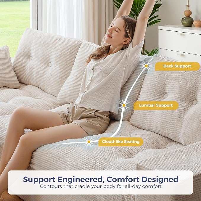 MAXYOYO 96" L Shaped Modular Sectional Sofa with Ottoman, Cloud Boneless Couch with Layered Cushion, Upholstered Sofa in a Box, Flexible Module Combination for Living Room, No Assembly, Beige