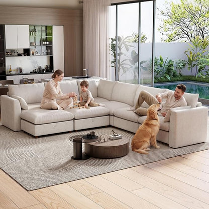 Ihanherry 146" Oversized Modular Sectional Sofa, Modern V Shaped Cloud Couch with 2 Storage Ottoman, 8-Seat Comfy Chenille Deep Seat Sofa with 2 Pillows for Living Room, Beige