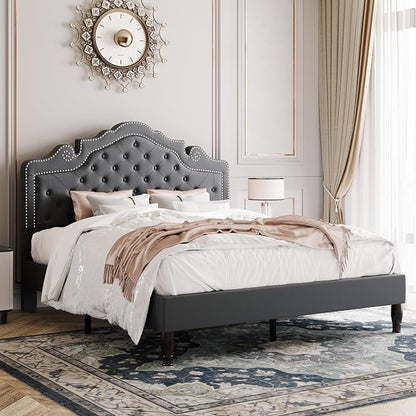 Allewie Queen Size Bed Frame with Adjustable Velvet Tiara Headboard, Upholstered Diamond Button Tufted Platform Bed, Wood Slats Support, No Box Spring Needed, Light Grey