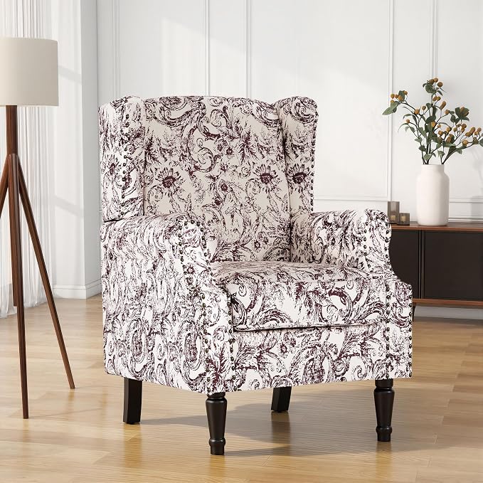 High Back Floral Accent Chairs Set of 2, Fabric Wingback Chair Upholstered Armchair for Living Room - Rococo Plum