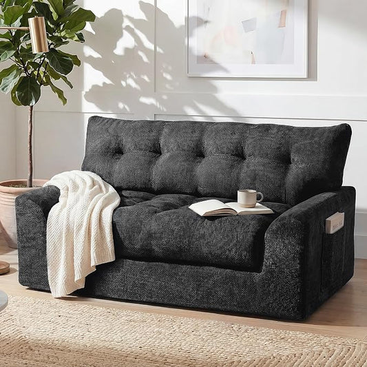 MONVANE 55.5" Convertible Loveseat Sofa, Comfy Chenille Cloud Couch with Storage Pocket, Modern Deep Seat Boneless Couch, 2 Seater Sofa for Living Room, No Assembly Required, Black