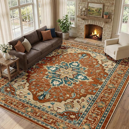 RELEANY Area Rugs Large 9'x12' Washable Non-Slip, Floral Vintage Distress Medallion Carpet for Living Room Bedroom Dining Room, Red Orange Blue Brown