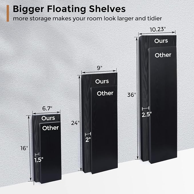 Fun Memories Floating Shelves - 16 Inch Rustic Black Wall Shelf - Wall Mounted Shelves for Wall Decor Storage - Wooden Shelves with Invisible Brackets for Living Room, Bedroom, Kitchen, 2 Pack