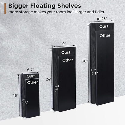 Fun Memories Floating Shelves - 16 Inch Rustic Black Wall Shelf - Wall Mounted Shelves for Wall Decor Storage - Wooden Shelves with Invisible Brackets for Living Room, Bedroom, Kitchen, 2 Pack