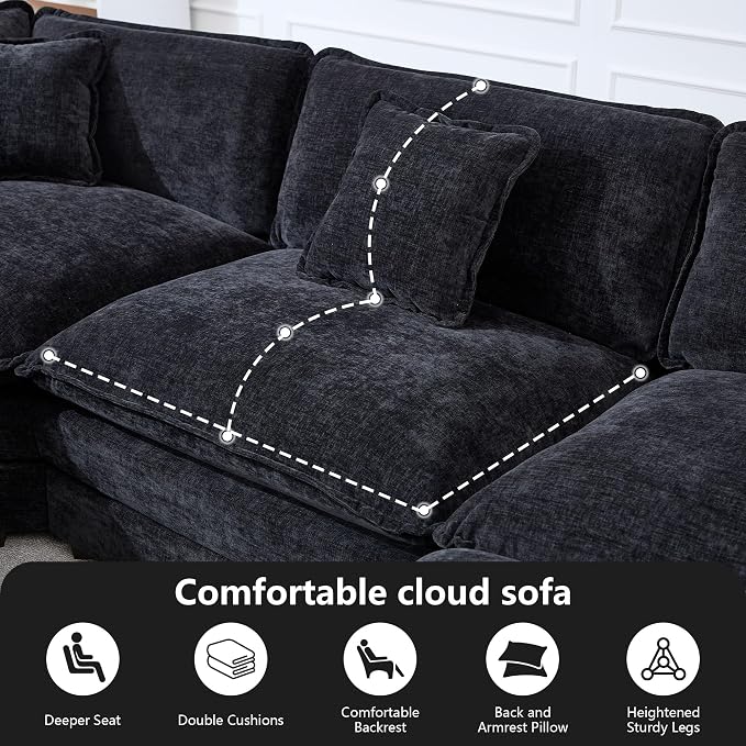Oversized Modular Sectional Cloud Sofa: 114" V-Shaped Modular Cloud Couch, 5 Seater Comfy Couch with Ottomans and Pillows, Chenille Deep Seat Couch for Living Room,Bedroom,Apartment,Large Space, Black