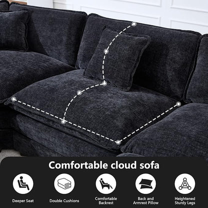 Oversized Modular Sectional Cloud Sofa: 114" V-Shaped Modular Cloud Couch, 5 Seater Comfy Couch with Ottomans and Pillows, Chenille Deep Seat Couch for Living Room,Bedroom,Apartment,Large Space, Black