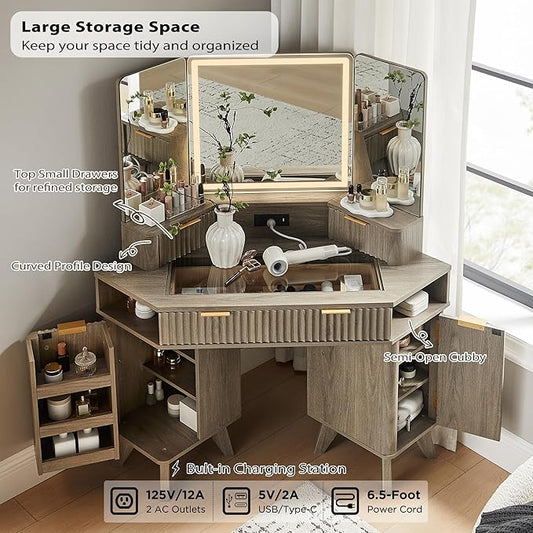 T4TREAM Fluted Makeup Vanity Desk with 3 Way Mirror and Lights, 48" Large Corner Vanity Table with Glass Top, Charging Station, 3 Drawers, Storage Cabinets & Shelves, for Bedroom, Grey Alder