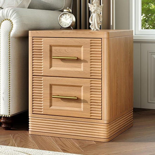 RECHHX Small Dresser for Bedroom, Farmhouse Nightstand with 2 Drawer for Narrow Spaces, Thermoformed Curved End Table for Bedroom, Living Room, Natural Oak