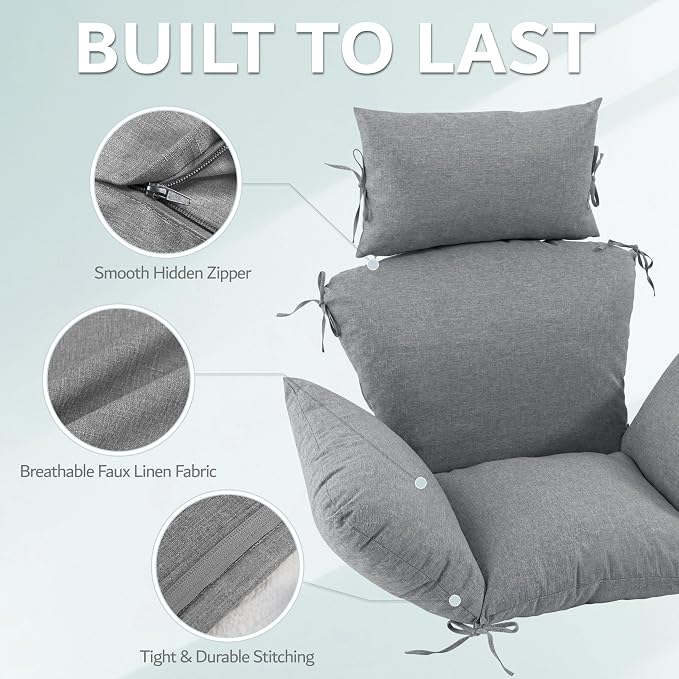 Egg Chair Cushion with 8 Securing Straps, Water-Repellent & Fade-Resistant Faux Linen, Removable Cover, Replacement Cushion for Most Single Outdoor Hanging Swing Egg Chairs – Dark Grey