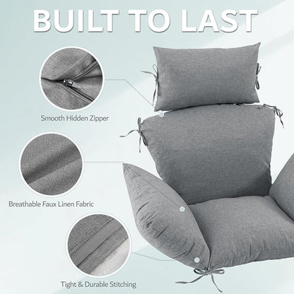 Egg Chair Cushion with 8 Securing Straps, Water-Repellent & Fade-Resistant Faux Linen, Removable Cover, Replacement Cushion for Most Single Outdoor Hanging Swing Egg Chairs – Dark Grey