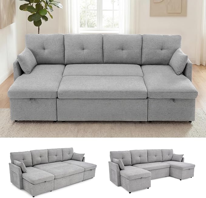 Huatean Home Oversized Sleeper Sofa Couch, 100 inch 2 in 1 Pullout Couch Bed with Side Pockets for Living Room, Sectional Sleeper Sofa Bed with Double Storage Chaise, LightGrey