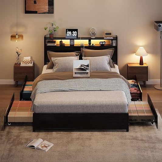 VINGLI Queen Platform Bed Frame with 4 Storage Drawers and Adjustable Headboard Shelf, Metal Bed with Charging Station and LED Lights, No Box Spring Needed, Noise Free, Easy Assembly, Black