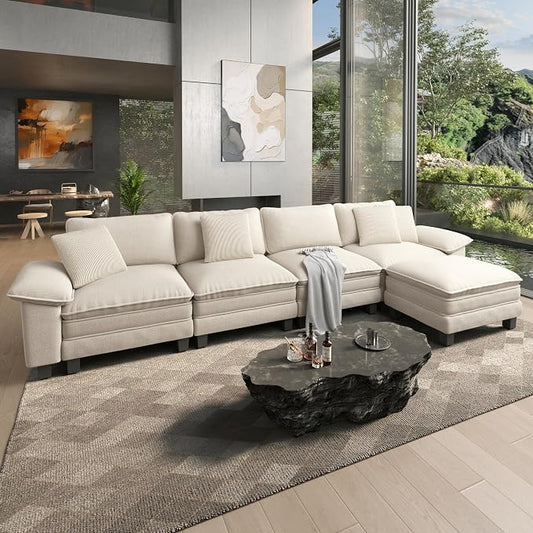 HERA'S HOUSE 158" Oversized Modular Sectional Sofa, Comfy L Shaped Couches for Living Room, Cloud Couch with Ottoman, 5-Seater Deep Seat Sofa with Throw Pillow, Chenille Beige
