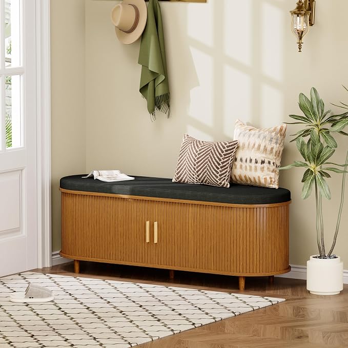 DHH 2-Tier Storage Bench,Wide Shoe Bench with Thickened Padded Seat Cushion, Mid Century Modern Fluted Sliding Door and Adjustable Shelf, for Entryway, Living Room, Bedroom (Yellow Walnut, 51.2”)