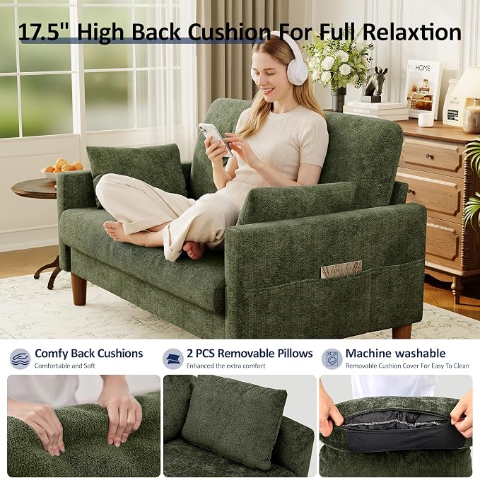 Vipbear 48" Loveseat Sofa,Modern Small Couches for Small Spaces,Green Chenille Love Seat Couch for Living Room,Bedroom,Apartment,Office,Deep Seat,Throw Pillow,Side Pockets,Square Armrest