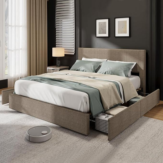 IDEALHOUSE Queen Bed Frame with 4 Storage Drawers, Corduroy Upholstered Bed Frame with Tufted Wingback Headboard, Strong Wooden Slats Support, No Box Spring Needed, Brown