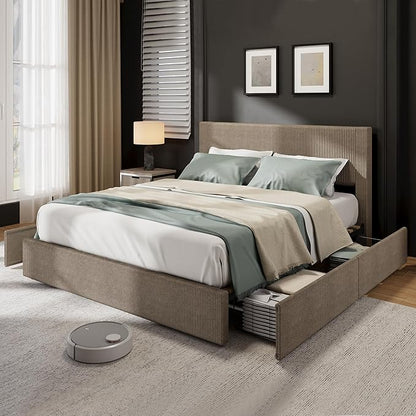 IDEALHOUSE King Size Bed Frame with 4 Storage Drawers, Corduroy Upholstered Bed Frame with Tufted Wingback Headboard, Strong Wooden Slats Support, No Box Spring Needed, Brown
