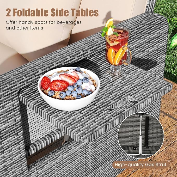 Tangkula Patio Rattan Daybed with 4-Level Adjustable Backrest, Outdoor PE Wicker Loveseat with Storage Ottoman & Folding Side Table, Double Sunbed for Balcony, Backyard & Poolside, Beige & Grey