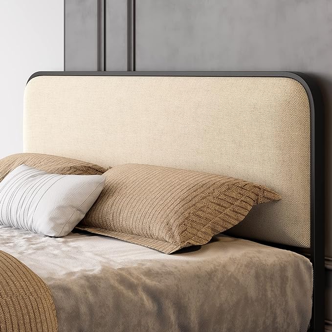 SHA CERLIN Queen Size Platform Metal Bed Frame with Curved Upholstered Headboard and Footboard, Large Under Bed Storage, No Box Spring Needed, Modern, Beige