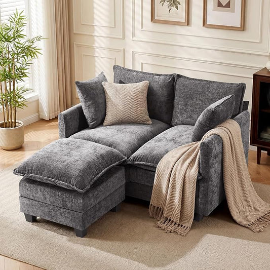 L-Shape Loveseat Sofa Couch with Ottoman, Small 50" Love Seat 27" Deep Cloud Sofa Washable Chenille Pillow for Apartment Bedroom Dorm Attic Studio Office Living Room Small Space 8833-GREY-L