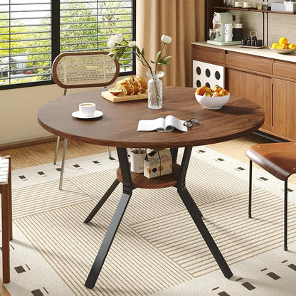 Dining Table for 2-4, 43“ Round Dining Room Kitchen Table with Storage,Round Table for Living Room,Fluted Wood Table,Oval Dinner Furniture with Adjustable feet (Walnut, 43 Inch)