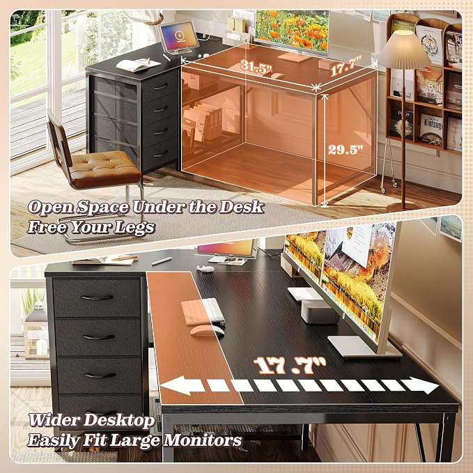 PRAISUN 43.3" Small Computer Desk with Power Outlets & USB-C Port, Reversible L Shaped Corner Office Desk with 4 Fabric Drawers and 2 Adjustable Storage Shelves, for Gaming Writing, Black