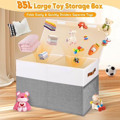 Mabahoo Large Toy Box, Collapsible Sturdy Storage Chest With Lids, Kids Toy Chest Storage Organizer Toddler Bin Boxes for Living Room, Bedroom, Nursery, 25"x13"x16", White & Gray