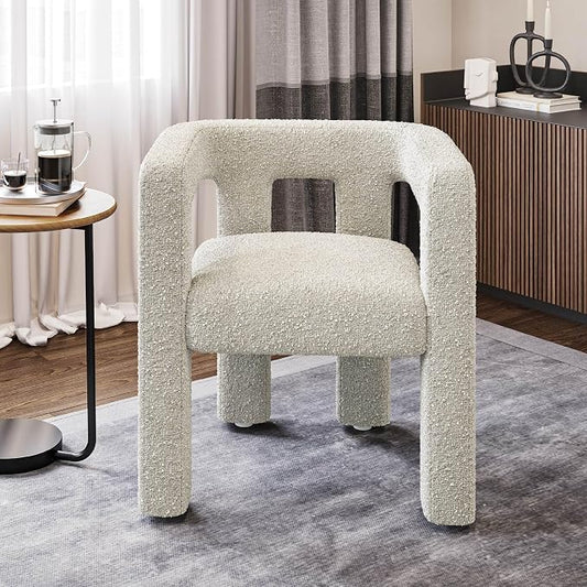 BELLEZE Modern Boucle Barrel Dining Chair Set of 6, Upholstered Linen Kitchen Boucle Armchair with Sidearms and Back, for Dining Room Living Room- Cream